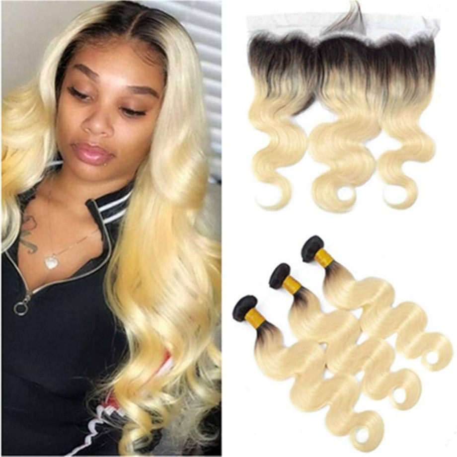 Virgin Human Hair Bundles With 13x4 Lace Frontal Black Root And #613 Color Body Wave