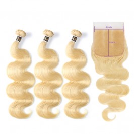 Virgin Human Hair Bundles With 5x5 Lace Closure Honey Blonde #613 Color Body Wave