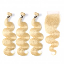 Virgin #613 Color Body Wave Human Hair Bundles With 4x4 Lace Closure Blonde