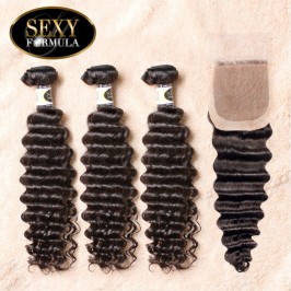 Uglam 4x4 Silk Base Closure With Bundles Brazilian Deep Wave Curly Sexy Formula