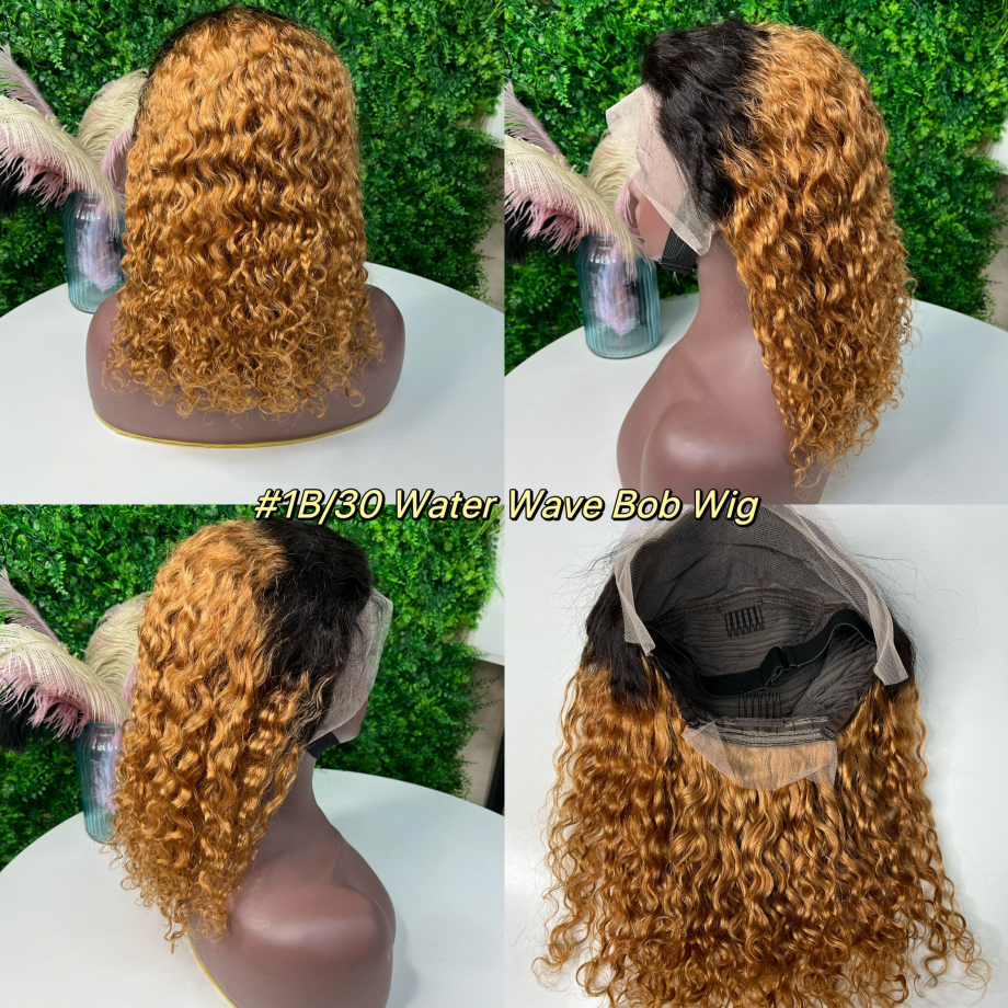 Uglam Ombre 1B/30 Cheaper Water Wave Curly Bob Wigs Transaprent Lace Human Hair 