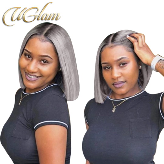 Uglam Hair Ombre Grey Bob Lace Front Wigs Black Root Silvery With Middle Part